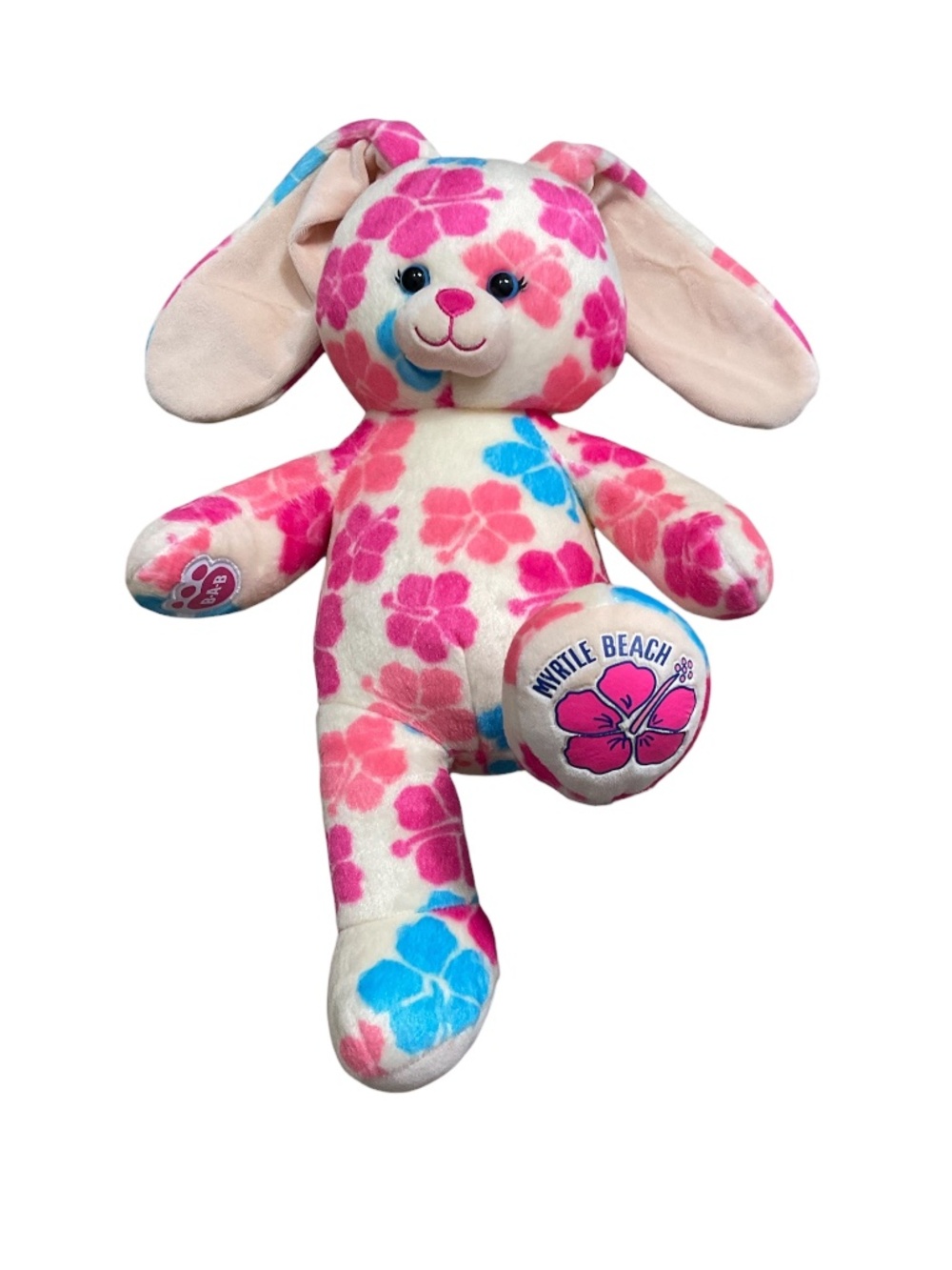 Build-A-Bear Myrtle Beach Souvenir Hibiscus Bunny Plush - Pink & Blue Floral 18”